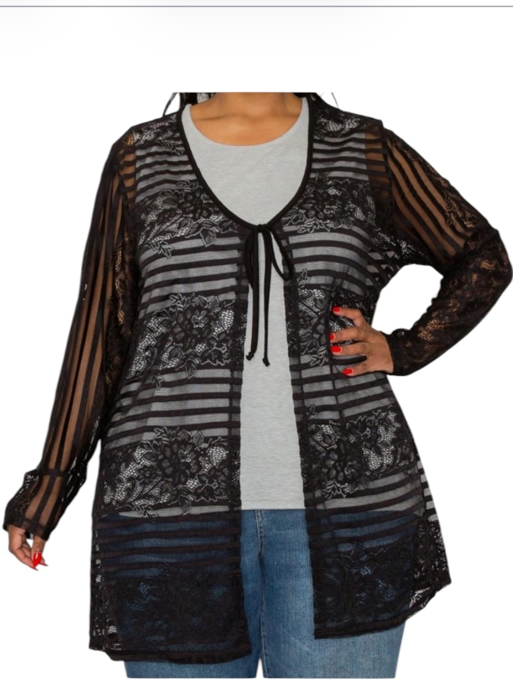 Coin 1804 Black Lace Striped Tie Front Kimono Cardigan Duster Plus Size 1X NWOT